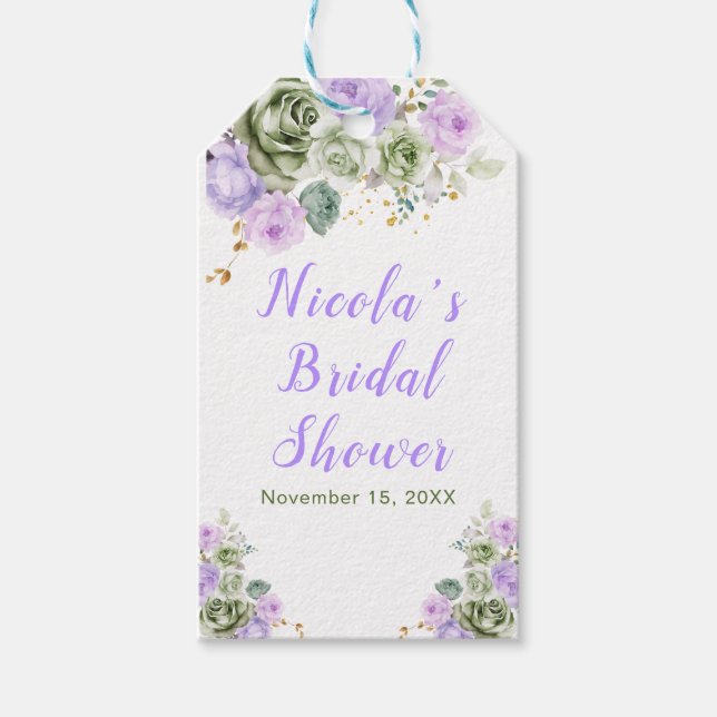 Sagegrün und lila Blumige Hochzeitsdusche Geschenkanhänger (Vorderseite)