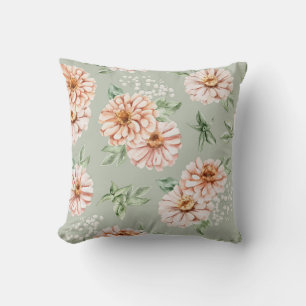 Sagegrün und Pfirsich Aquarell-Zinnien-Kissen Kissen