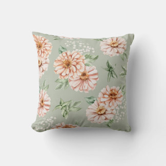 Sagegrün und Pfirsich Aquarell-Zinnien-Kissen Kissen