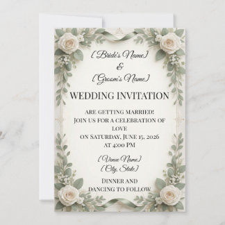 Sagegrün- und Weißrosen-Hochzeitseinladung Einladung