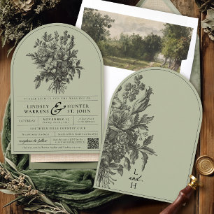 Sagegrün Vintage Floral Romantischer Bogen Hochzei Einladung