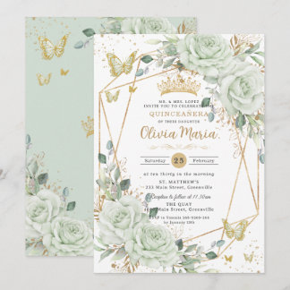 Sagegrüne Blumen-Schmetterlinge Quinceañera Quince Einladung