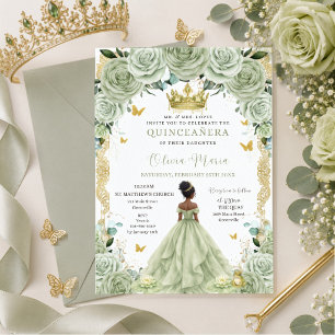 Sagegrüne Blumenprinzessin und Frosch Quinceañera Einladung
