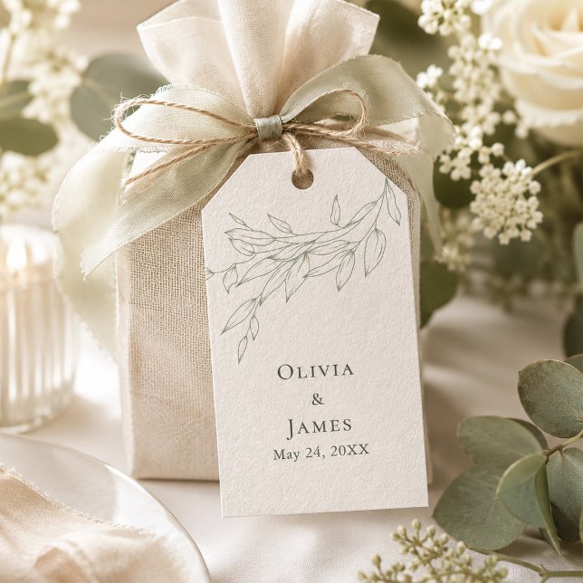 Sagegrüne botanische Hochzeit  Geschenkanhänger (Sage Green Botanical Wedding Gift Tags on a lovely wedding gift box)
