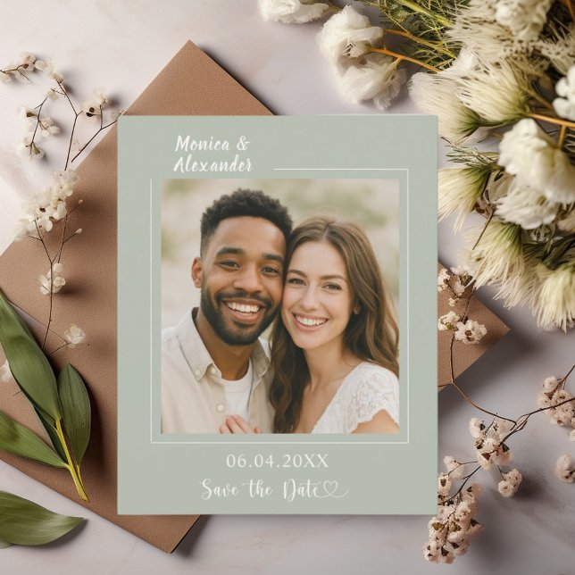 Sagegrüne Elfenbein-Foto-Hochzeit Save the Date Flyer (Von Creator hochgeladen)