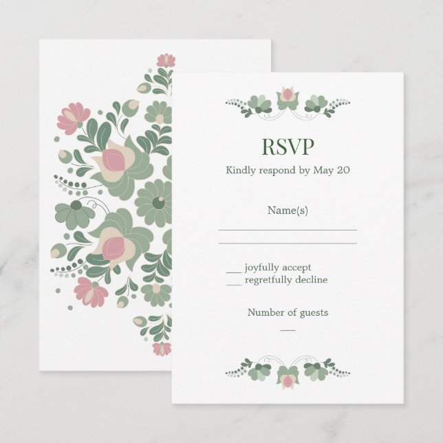 Sagegrüne Folk Floral Hochzeit RSVP Karte (Vorne/Hinten)