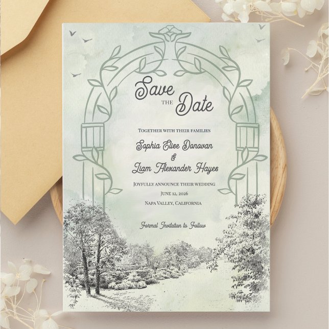 Sagegrüne Gartenbogenhochzeit Save The Date (Sage Green Save the Date Wedding Card | Garden Arch Wedding Save the Date )
