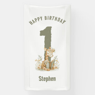 Sagegrüne Giraffe Glücklicher 1. Geburtstag Banner