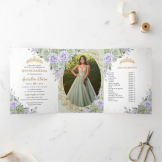 Sagegrüne lila Rosen Florale Quinceañera-Fotos Dreifach Gefaltete Einladung