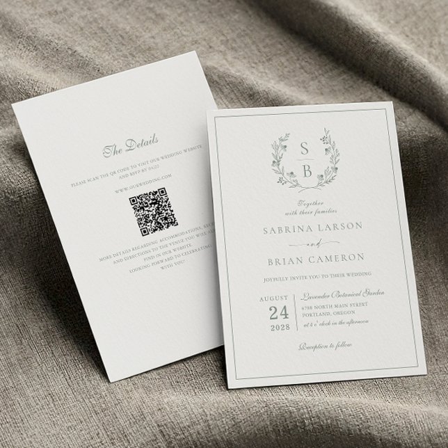 Sagegrüne Monogramm-Girlande QR-Code Hochzeit Einladung (Von Creator hochgeladen)