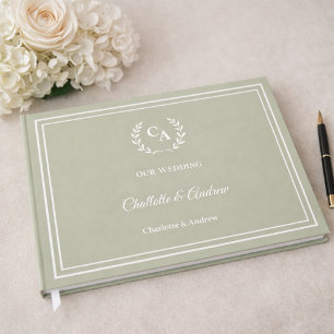 Sagegrüne monogrammierte Kranzhochzeit Gästebuch