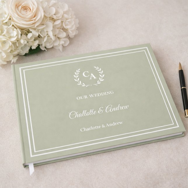 Sagegrüne monogrammierte Kranzhochzeit Gästebuch (Von Creator hochgeladen)