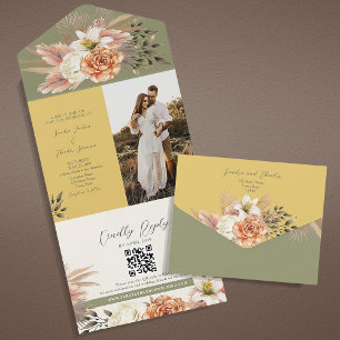 Sagegrüne Senf-Foto-QR-Hochzeit All In One Einladung