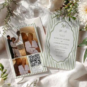 Sagegrüne Streifen Garten Foto QR Hochzeit Einladung