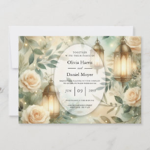 Sagegrüne und elfenbeinfarbene Laternen-Hochzeits Einladung