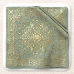 Sagegrüne und goldene Mughal-Mandala-Untersetzer - Rechteckiger Pappuntersetzer