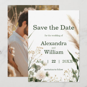 Sagegrüne Wildblumen und Pampas Save The Date