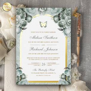 Sagegrüner Blumenbogen Schmetterling Hochzeit Gold Folieneinladung