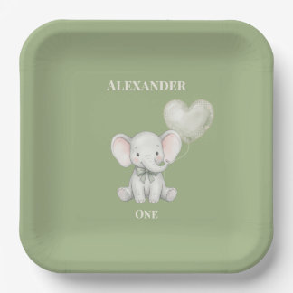 Sagegrüner Elefant zum ersten Geburtstag Name und Pappteller