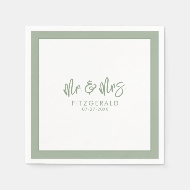Sagegrüner Mr & Mrs Hochzeitsempfang Cocktail Serviette (Vorderseite)