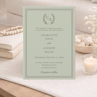 Sagegrüner Taupe-Kranz Monogramm einfache Hochzeit Einladung