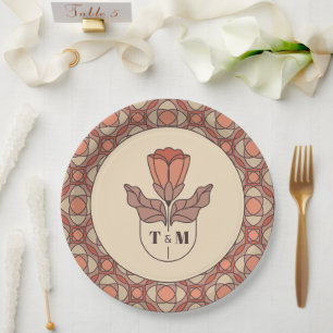 Sagegrünes Art Nouveau Monogramm Hochzeitspapier Pappteller