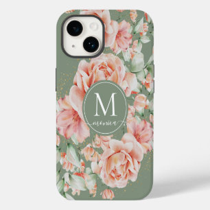 Sagegrünes florales Wasserfarben-Rosenmuster-Monog iPhone 14 Hülle