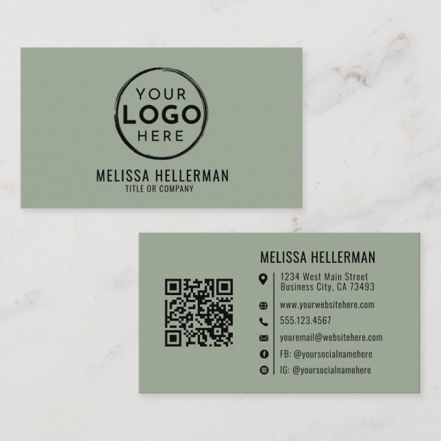 Sagegrünes professionelles Logo QR-Code Visitenkarte (Vorne/Hinten)