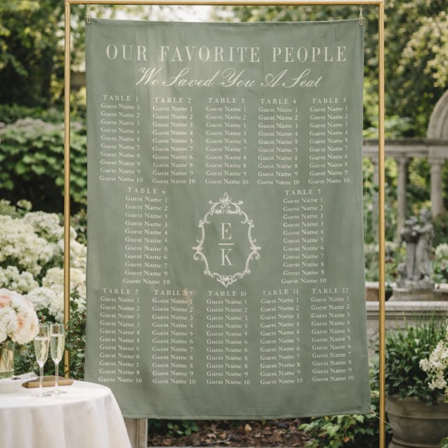 Sagegrünes Stoff Hochzeit Sitzplan Banner Wandteppich (Von Creator hochgeladen)