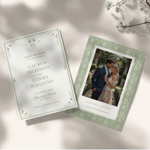 Sagegrünes Vintage-Garten-Monogramm-Hochzeit Save The Date