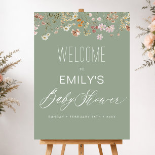 Sagegrünes Wildblumen-Babyshower-Willkommensschild Poster
