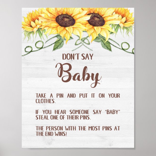 SAGEN SIE NICHT BABY Sunflower Shower Game Sign BU Poster (Vorne)
