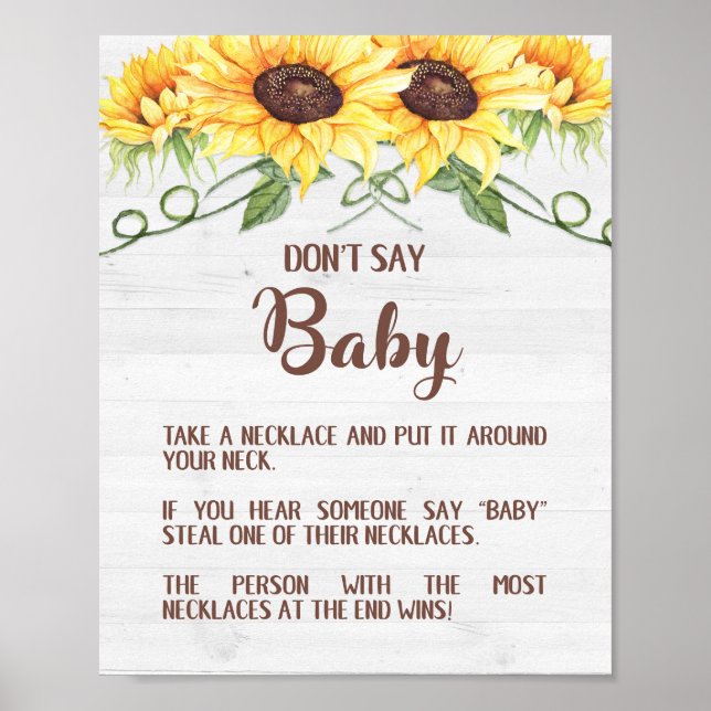SAGEN SIE NICHT BABY Sunflower Shower Game Sign NE Poster (Vorne)