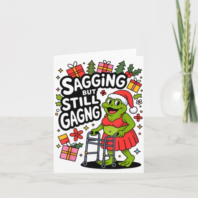 Sagging But Still Gagging Funny Christmas Frog Hol Karte (Vorderseite)