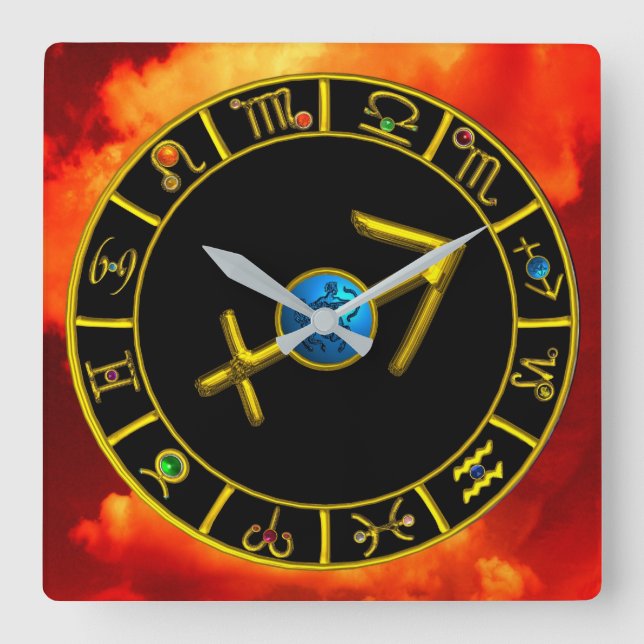SAGITTARIUS Gold Blue Zodiac Jewel Astrologie Char Quadratische Wanduhr (Vorderseite)