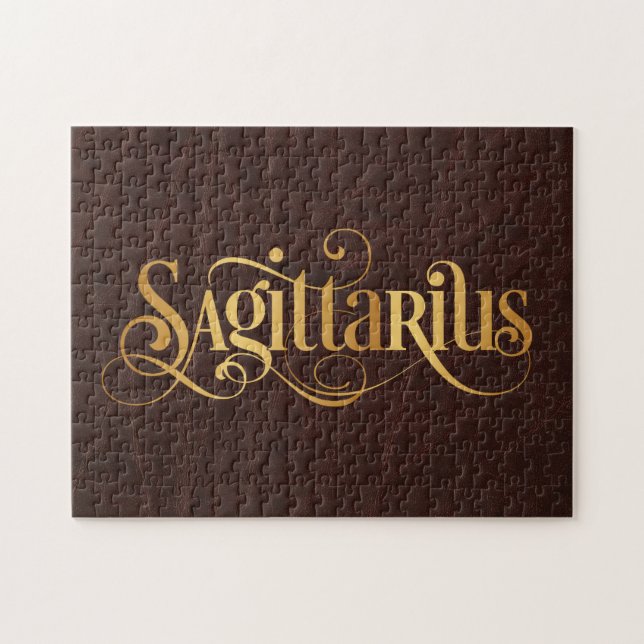 Sagittarius Wirbles Script Gold auf Leder Puzzle (Horizontal)