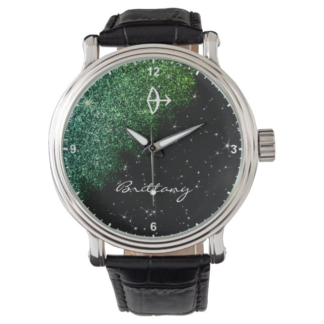 Sagittarius Zodiac Sign Aquamarin Glitzer Stars Na Armbanduhr (Vorderseite)