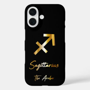 Sagittarius Zodiac Sign, Black & Gold iPhone 16 Hülle
