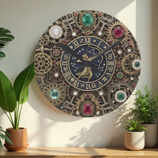 Sagittarius zodiac sign Clock, Steampunk, Edelstei Runde Wanduhr (Sagittarius Wall Clock, Steampunk, jeweled)