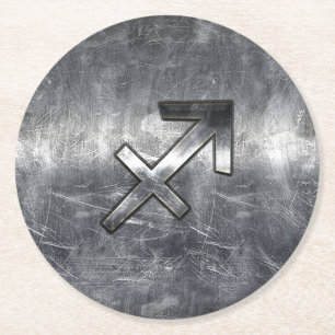 Sagittarius Zodiac Sign in Silver Steel Look Runder Pappuntersetzer