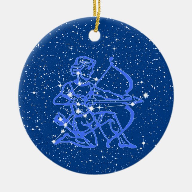 Sagittarius Zodiac Sign with Stars on Deep Blue Keramik Ornament (Vorne)