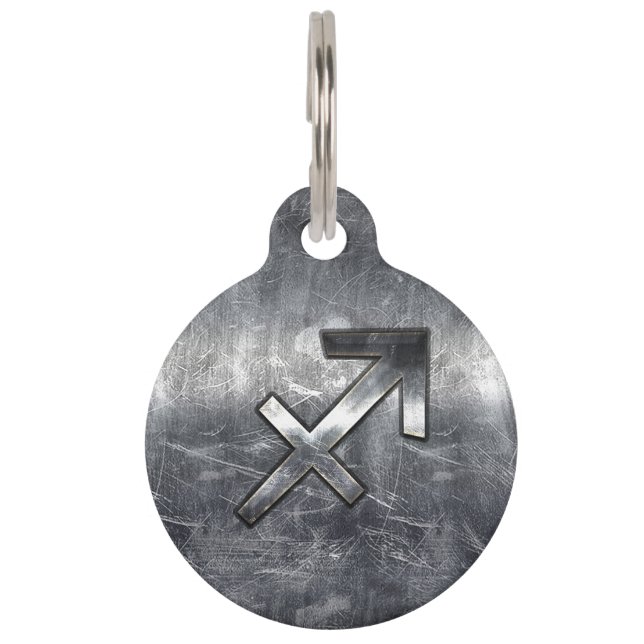 Sagittarius Zodiac Silver Distressed Steel look Haustiermarke (Vorderseite)