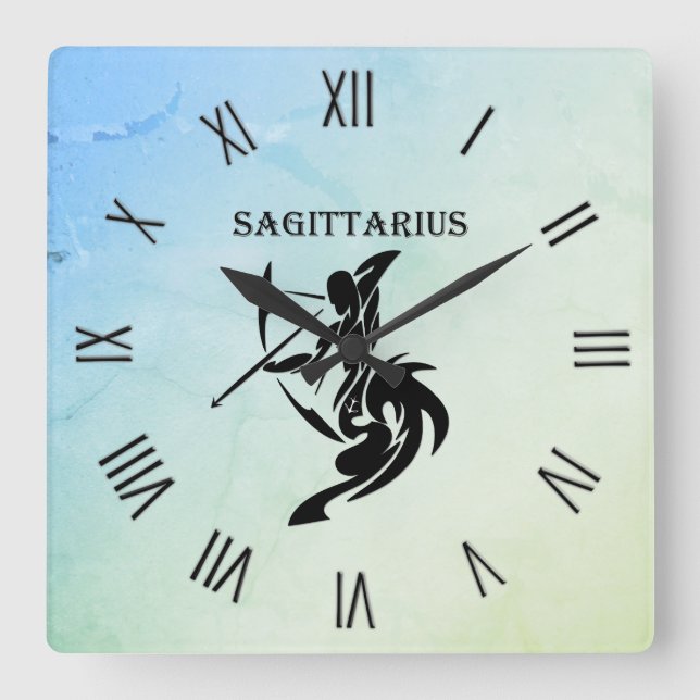 Sagittarius Zodiac Symbol Blaue grüne Zahlen Quadratische Wanduhr (Vorderseite)