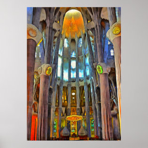 Sagrada Familia. Blick drinnen bei Sonnenuntergang Poster