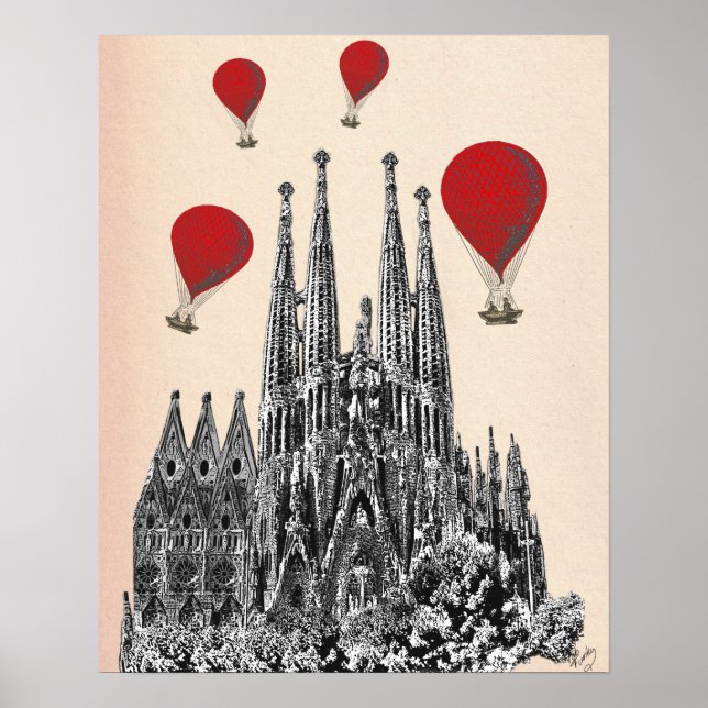 Sagrada Familia und Red Hot Air Balloons Poster (Vorne)