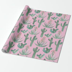Saguaro Cactus and Desert Aloe Pflanze auf PINK Geschenkpapier