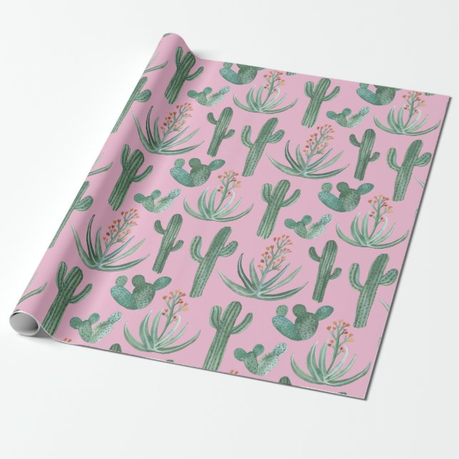Saguaro Cactus and Desert Aloe Pflanze auf PINK Geschenkpapier (Ungerollt)