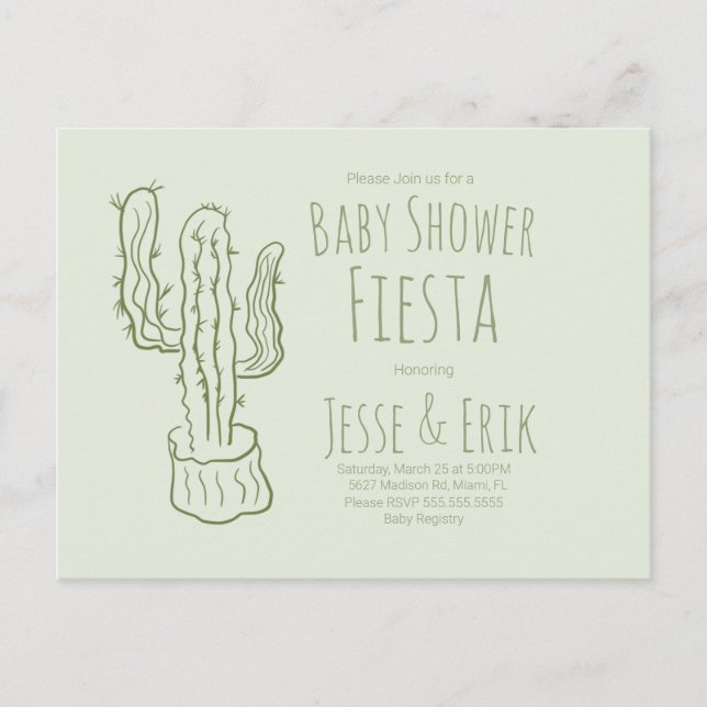 Saguaro Cactus Hand Drawn Green Baby Shower Postkarte (Vorderseite)