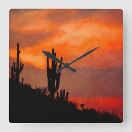 Saguaro Cactus Silhouette Arizona Red Sunset Quadratische Wanduhr