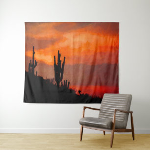 Saguaro Cactus Silhouette Arizona Red Sunset Wandteppich